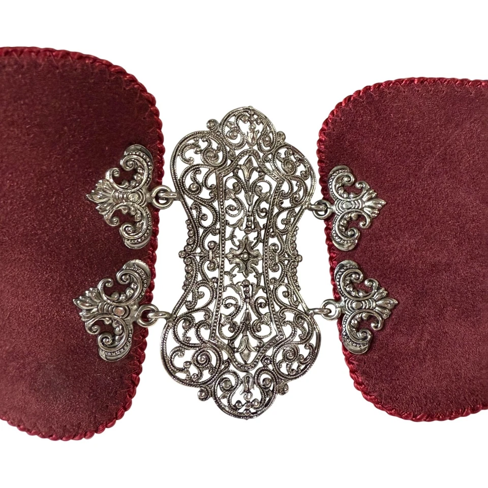 Floral Fligree Suede Wide Waist Statement Belt Womens Burgundy Bohemian - image 2 of 4