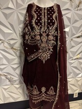 Pakistani Dress 3-Piece Set Women Maroon Velvet Embroidered Salwar Kameez