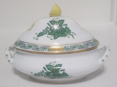 Herend Chinese Bouquet Green (AV) Mini Tureen & Lid w/ Lemon Finial Hand-Painted
