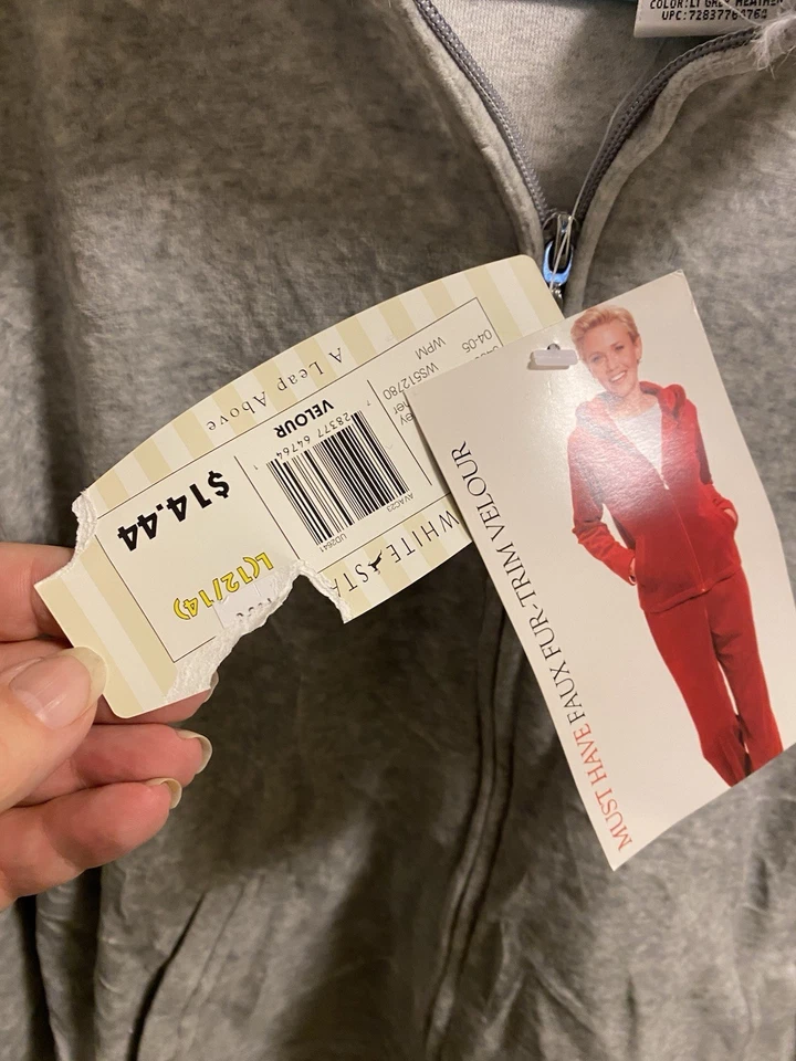 NWT White Stag L Zip Hoodie Jacket Gray Velour White Faux Fur Trim Sweatshirt Lg - Image 2 of 4