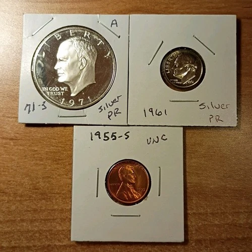 1971-S Eisenhower Silver Proof 1961 Roosevelt Dime  Proof, 1955-S Wheat BU, Nice