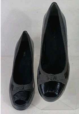 AEROSOLES Benefit Black Leather Peep Toe Pumps Women Size:8 Wedge Heel Bow