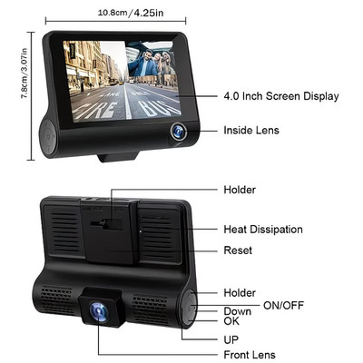AUTO DASH CAM 4'' HD VIDEO VORNE & HINTEN 1080P + SPEICHERKARTE NEU IN OVP UNERWÜNSCHTES GESCHENK