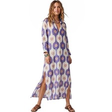 Boho Maxi Dress Womens Collared Geometric Resort Ikat Long Sleeve Retro Medium