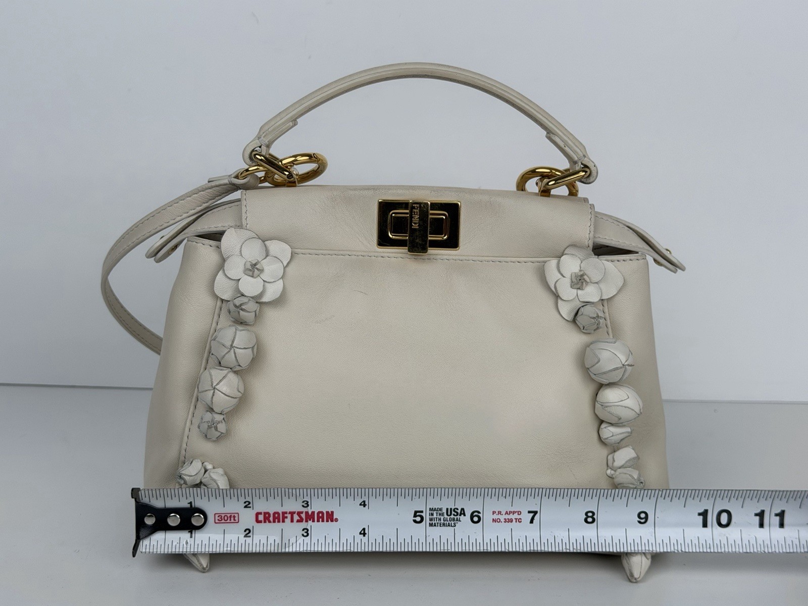 Fendi Nappa Rosebud Mini Peekaboo Iconic Satchel in White Lambskin Leather S09 thumbnail 17