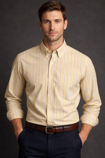 Lands' End Men's Dress Shirt 17/35 Yellow Striped Supima Cotton No Iron Oxford