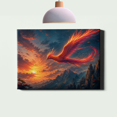 Phoenix Over Sunset Mountains Fantasy Framed Canvas Wall Art 18x12inch