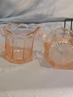 Pink Depression Glass Creamer & Sugar Vintage Art Deco Panel Design Octagon