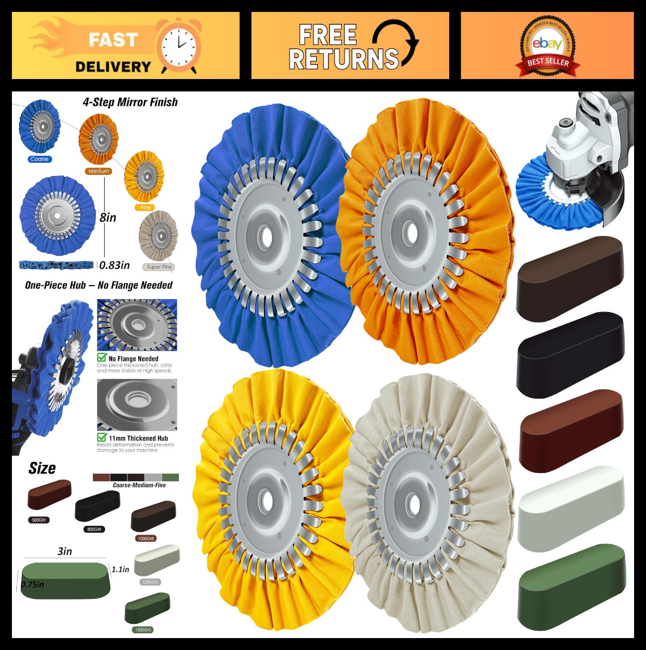 8" Airway Buffing Wheel Kit - 9Pcs Aluminum Polishing Wheels