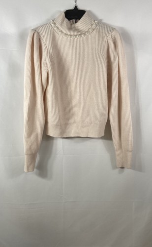 Sandro Women's Ecru Ribbed Wool Knit Pearl Embellished Mock Neck Sweater 1 NWT