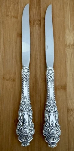 PAIR OF GORHAM CROWN BAROQUE STERLING 9 7/8” ORIGINAL FACTORY MADE STEAK KNIVES
