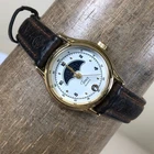 Vintage Timex Women Dress Moon Phase Black Leather Quartz Analog 24mm Watch 7"