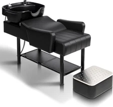 Black Shampoo Chair Station with Commercial PVC Vinyl, Wide Seat Back & Shelf