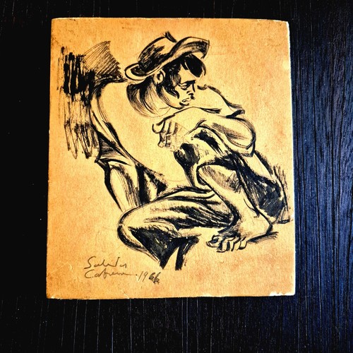Boceto vintage 1966 en madera firmado - panel de arte montado de 12"x12" - Imagen 3 de 9