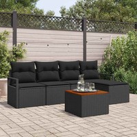6-Teiliges Garten Sofaset Mit Kissen Schwarz Poly Rattan Akazie, 2-Sitzer Garten