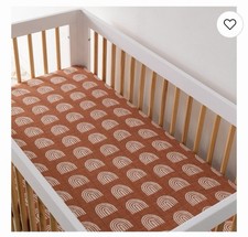 NIB Babyletto organic muslin cotton crib sheet in a terracotta rainbow pattern