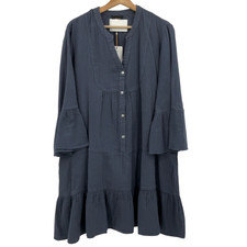 Quince 100% Organic Cotton Gauze Long Sleeve Tiered Mini Dress Indigo L