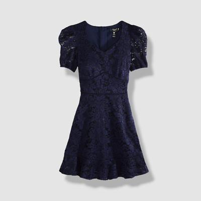 Aqua Kids Girl's Blue Lace Overlay V-Neck Short Sleeve A-Line Dress Sz L