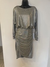 Vince Camuto Women Sz 4 Sheath Dress Cowl Neck Metallic Silver Stretch Ruched