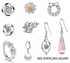 925 Sterling Silver Women Earrings Jewelry Small Hoop Elegant Crystal Ear Stud