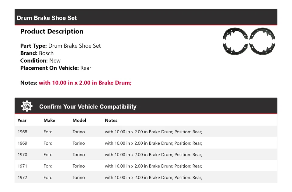 For 1968-1972 Ford Torino Bosch Drum Brake Shoe Set Rear 1969 1970 1971 - Image 2 of 3