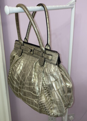 Zagliani オーストリッチレザー バッグ Gold Zagliani Crocodile Injected Botox Animal Large Puffy Handbag