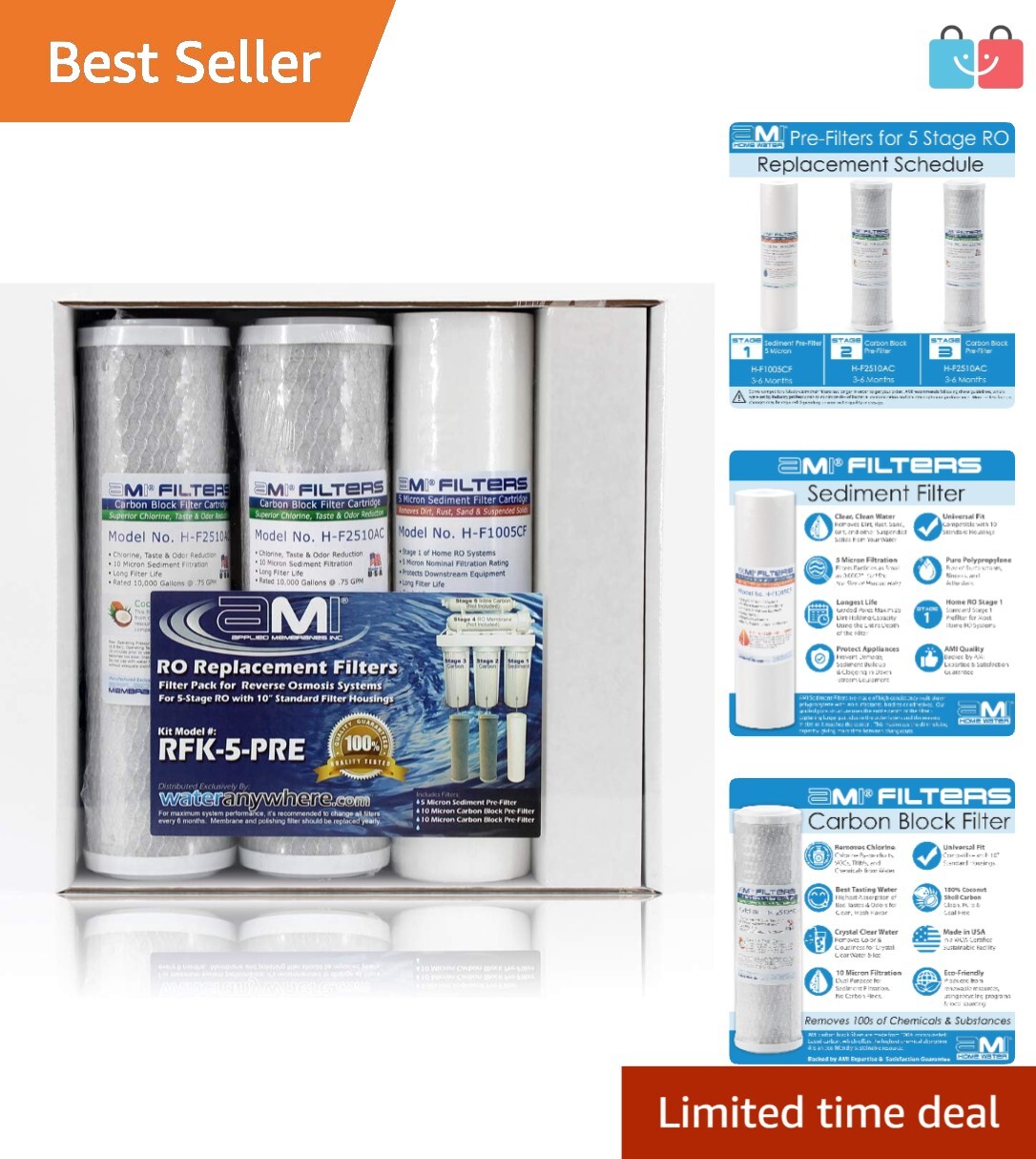 AMI Carbon Block 5 Micron Sediment Filter & Pre Filter Set for Purified Water