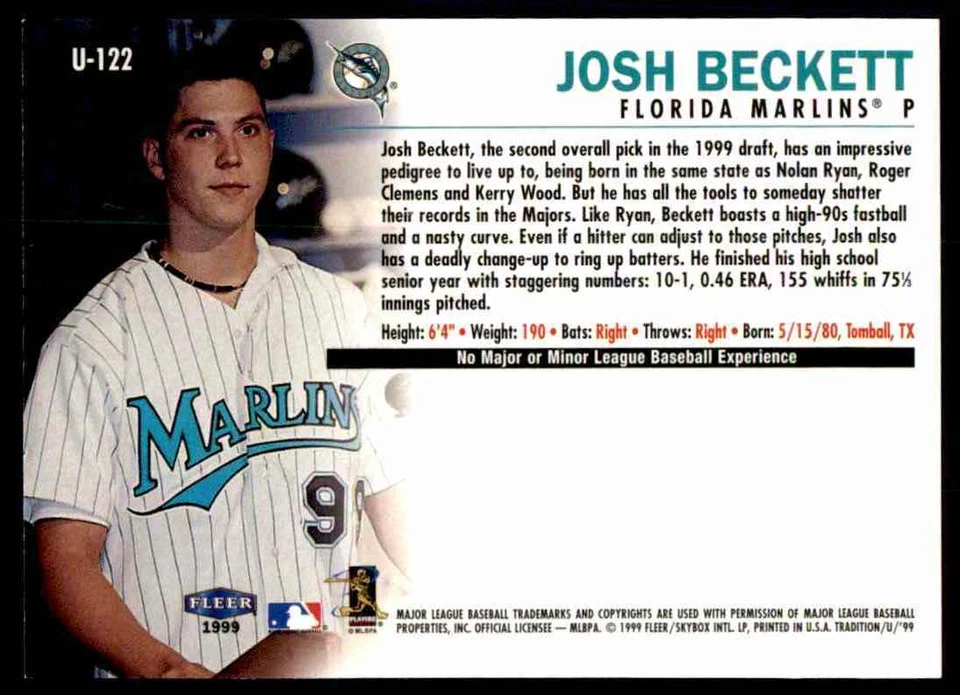 1999 Fleer Tradition Update Josh Beckett Rookie #U-122 - Image 2 of 2
