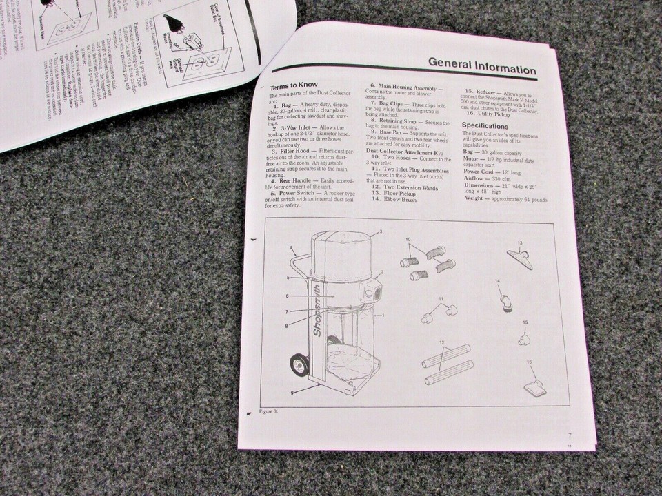 SHOPSMITH DUST COLLECTOR OWNER'S MANUAL, No. 330002 eBay