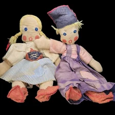 2 Primative Dutch Ragdolls Vintage German Handmade Cloth Dolls Folkart Pigtails 