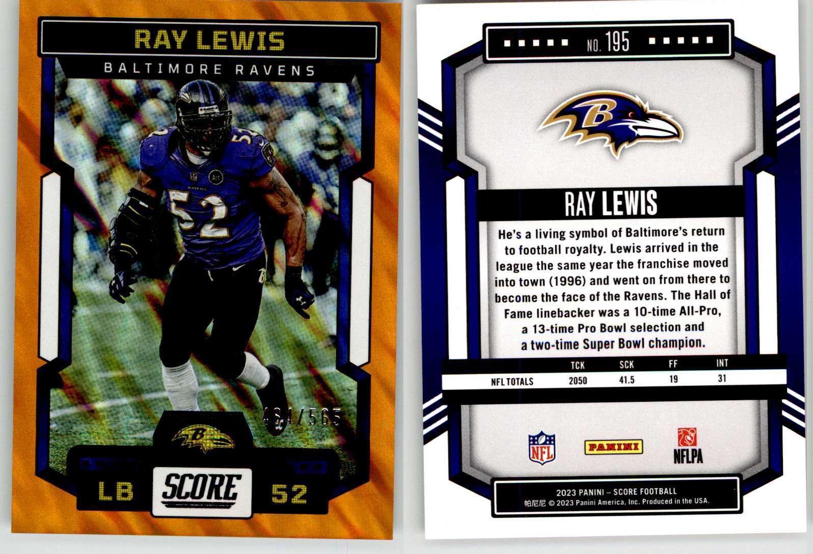 Ray Lewis 2023 Score Lava #195 /565 Ravens HOF