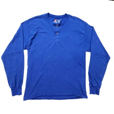 Hanes Beefy-T L Blue Long Sleeve Henley Shirt Horizontal Stripes