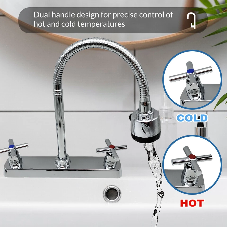 Grifo de fregadero de cocina con asas dobles grifo mezclador frío y caliente rociador giratorio 360° Foto 2 de 4
