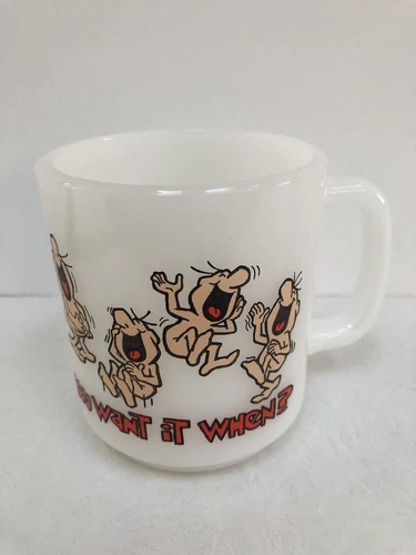 Vintage Glasbake Mug ~You Want It When?~1980 C M Paula Co PCM 33