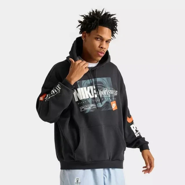 Men's Nike Club Oversized French Terry Pullover Hoodie - Off Noir - Large