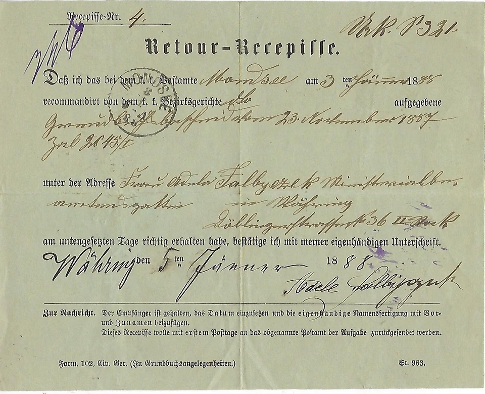 1888 VOM K.K.POSTAMT MONDSEE-POST- DOKUMENT-RECEPISSE NACH WÄHRING AM 5. JÄNNER - Bild 1 von 2