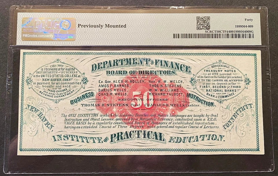 *STUNNING ADD NOTE* $50 1860'S "U.S. COLLEGE" NEW HAVEN, CONNECTICUT PMG XF/40 - Image 2 of 2