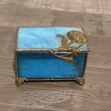 Vintage Trinket Box Blue  Clear Glass Brass Flower Beautiful- Mirrored Bottom