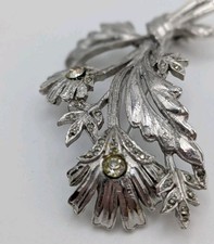 Vintage Silver-Tone Floral Spray Brooch with Marcasite & Rhinestones Mid Century