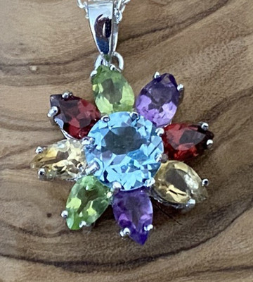 Natural Blue Topaz Flower Pendant 20 mm, Multi-Gemstones, SS 925 Chain 18 in