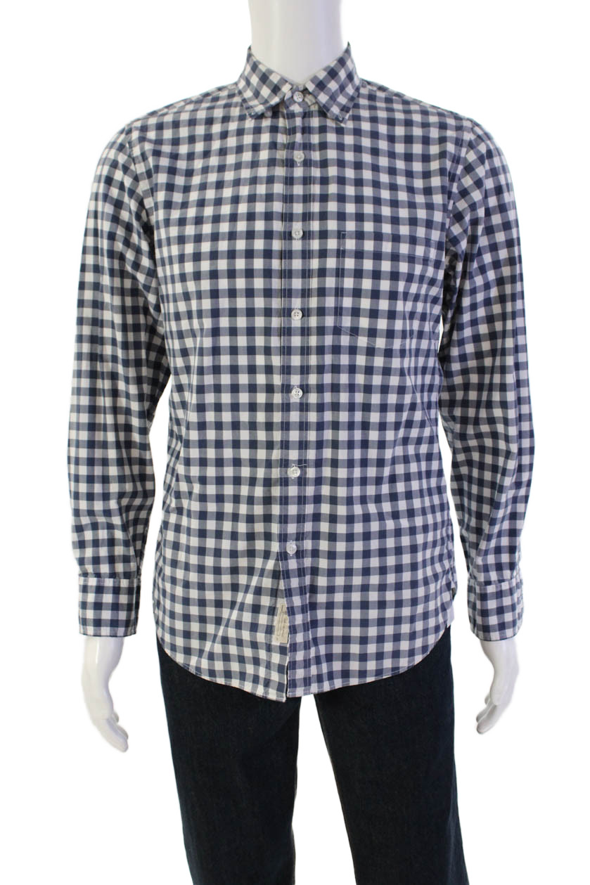 J Crew Mens Gingham Plaid Button Down Shirt Navy Blue White Cotton Size SmallFree Shipping in US $100+ Orders | $6.95 Orders Below