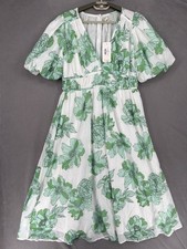 Gingham & Heels Dress Womens 14 White Green NWT Midi A Line Floral V Neck Puff