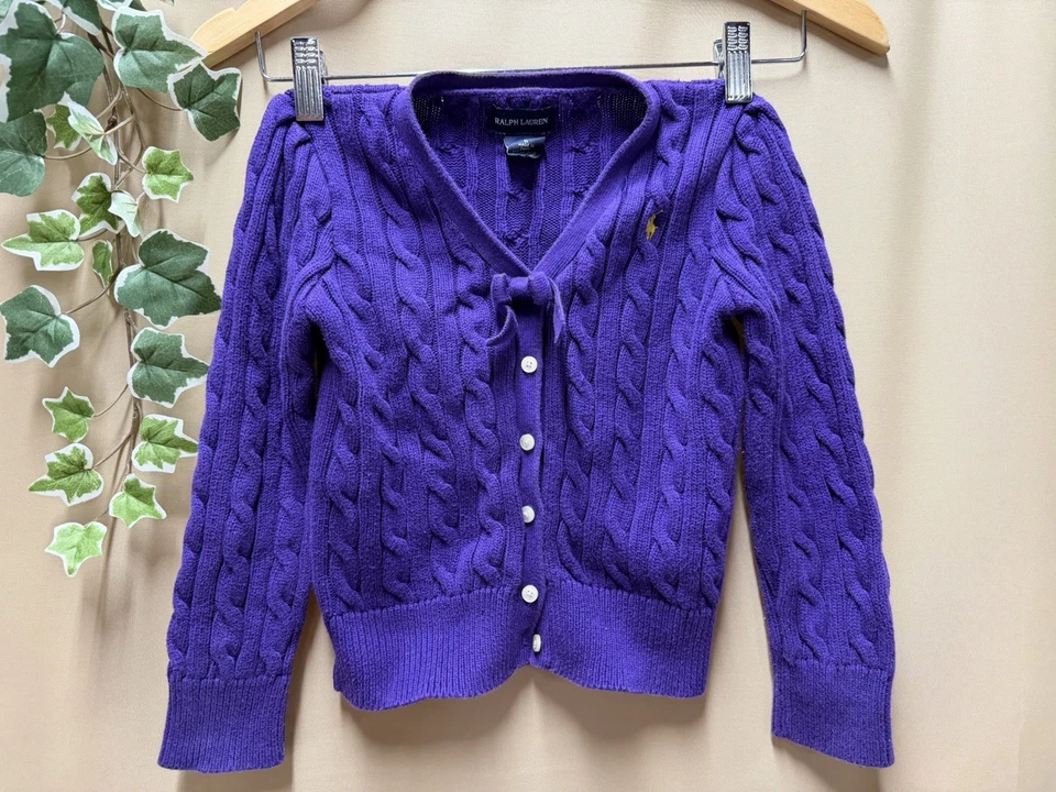Ralph Lauren Purple Cable knit cardigan sweater with bow Girls sz 6 - Image 2 of 4