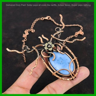 Copper Oval Owyhee Blue Opal Stone Chain Wire Wrapped Flower Necklace Jewelry