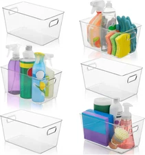Set of 6 Clear Plastic Storage Bins with Handles, Containers to Organize Pantry,
