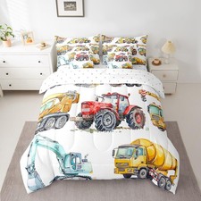 Kids Excavator Full Comforter Set, 7 Pieces Retro Truck Bedding Set with Comf...