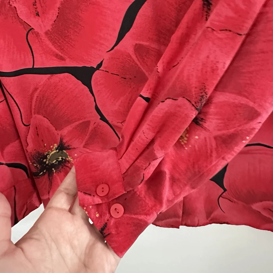 Blusa floral vintage años 80 para mujer talla L/XL? Rojo Negro 100% Seda Amapola Suave Hada Chic Foto 3 de 4