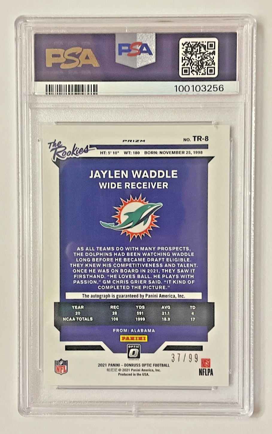 Jaylen Waddle - 2021 Panini Donruss Optic #TR-8 The Rookies Auto /99 - PSA 10 view 2
