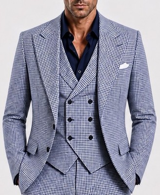 Fc Plus Designer 3-Piece Slim Fit Suit 48 Blue White Grey Plaid Spitzkragen