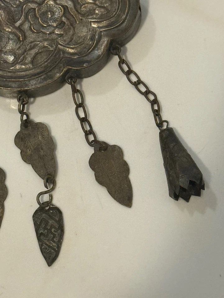Antique Chinese Silver Longevity Lock Necklace Amulet with Hanging Charms - Image 4 of 4